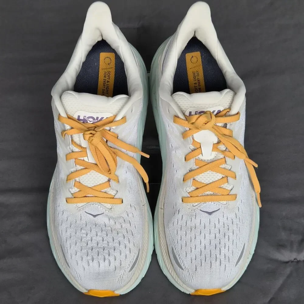 Hoka One One Womens Sz 10.5B Clifton 8 Running Shoes Sneakers Yellow White